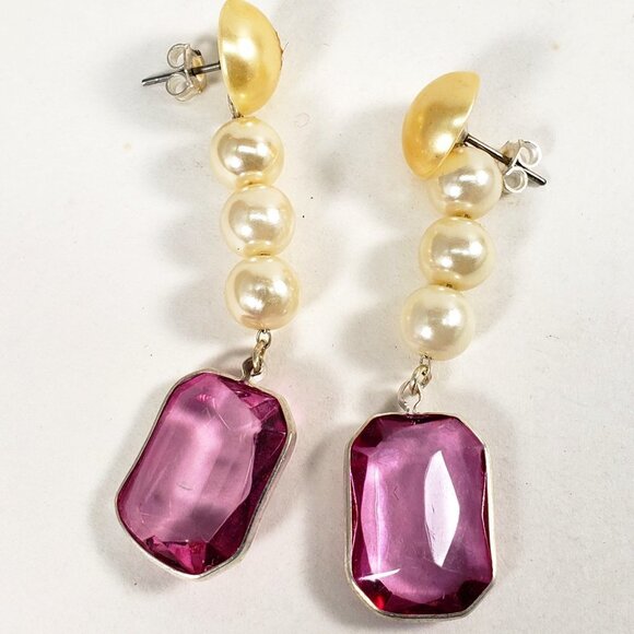 Off-White Bead Rectangular Shape Purple Stone Post Drop Dangle Earrings - Women - Picture 3 of 7